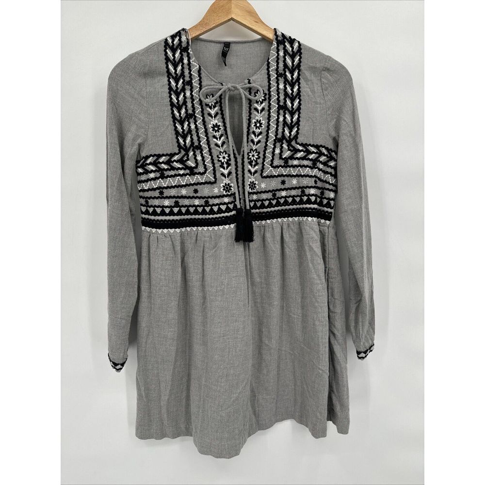 Zara Gray Tunic Mini Dress with Black Embroidered Yoke